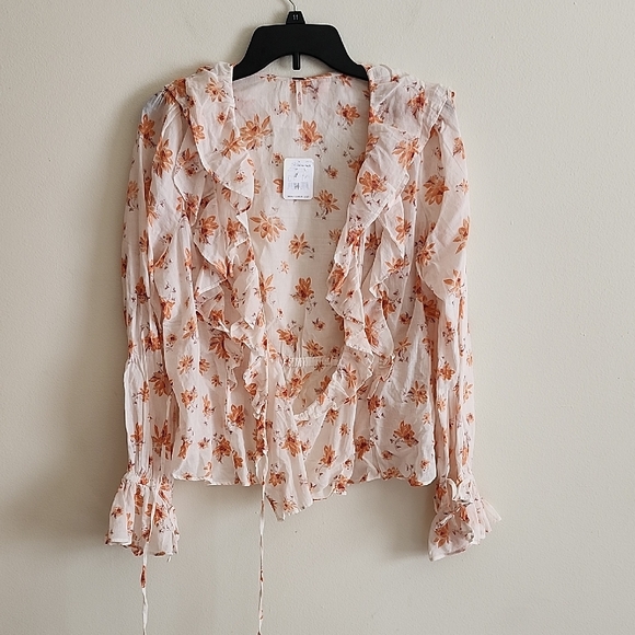 Free People Tops - Free People Rust Cream Ruffled Wrap Blouse Boho Womens Large
